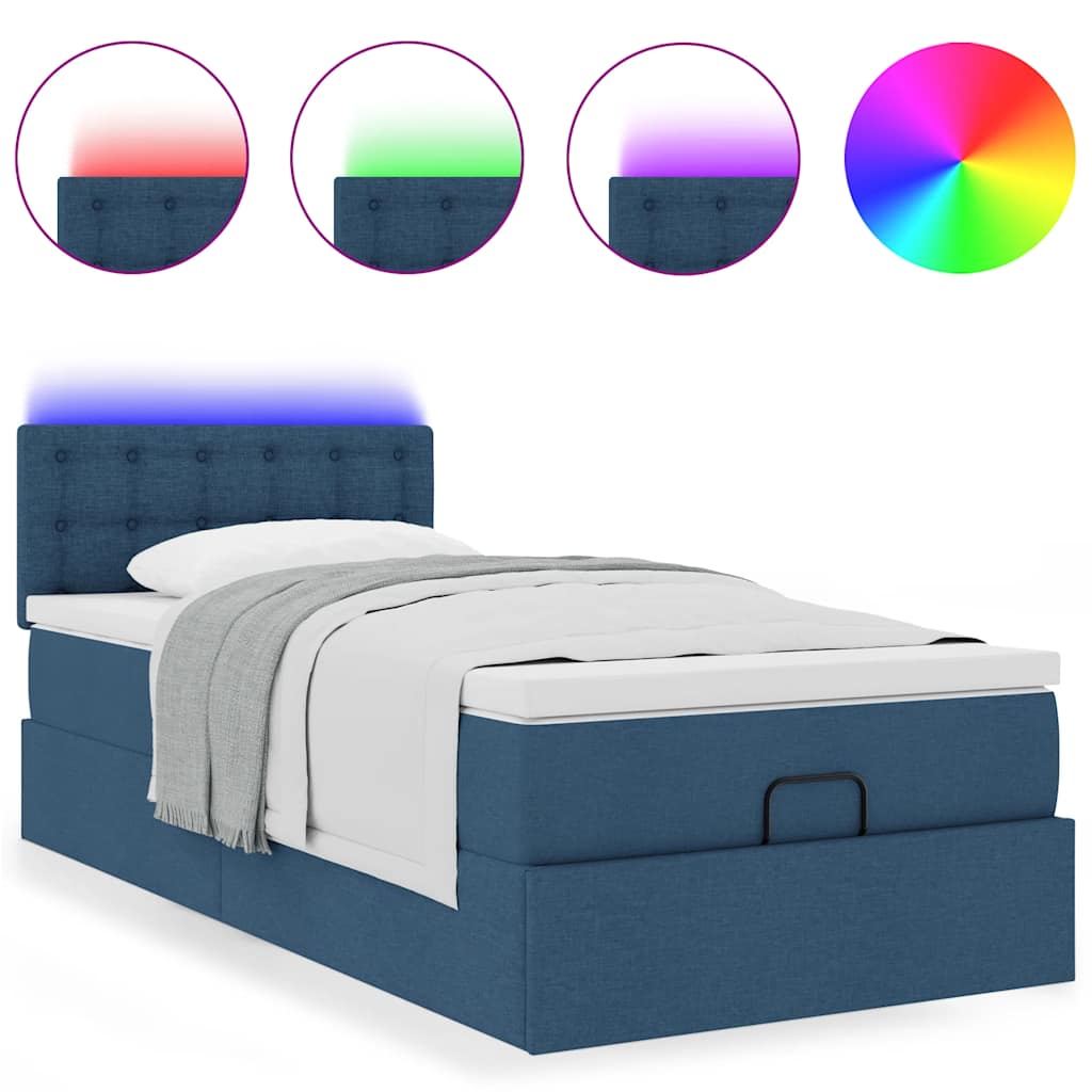 Pouf Letto con Materasso e LED Blu 100x200 cm in Tessuto