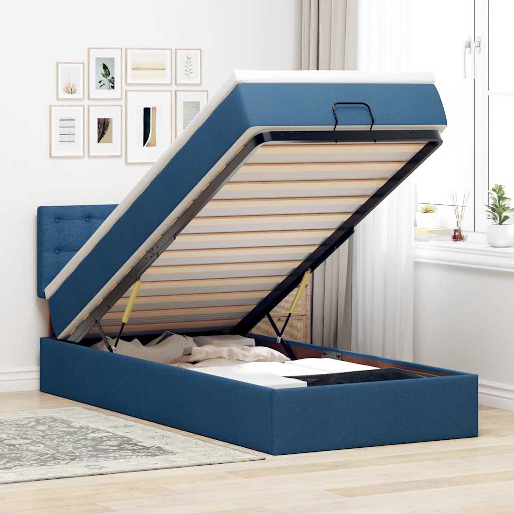 Pouf Letto con Materasso e LED Blu 100x200 cm in Tessuto
