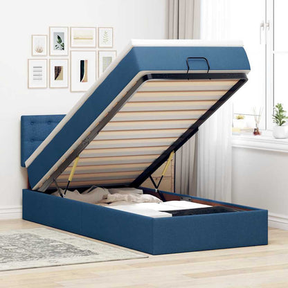 Pouf Letto con Materasso e LED Blu 100x200 cm in Tessuto