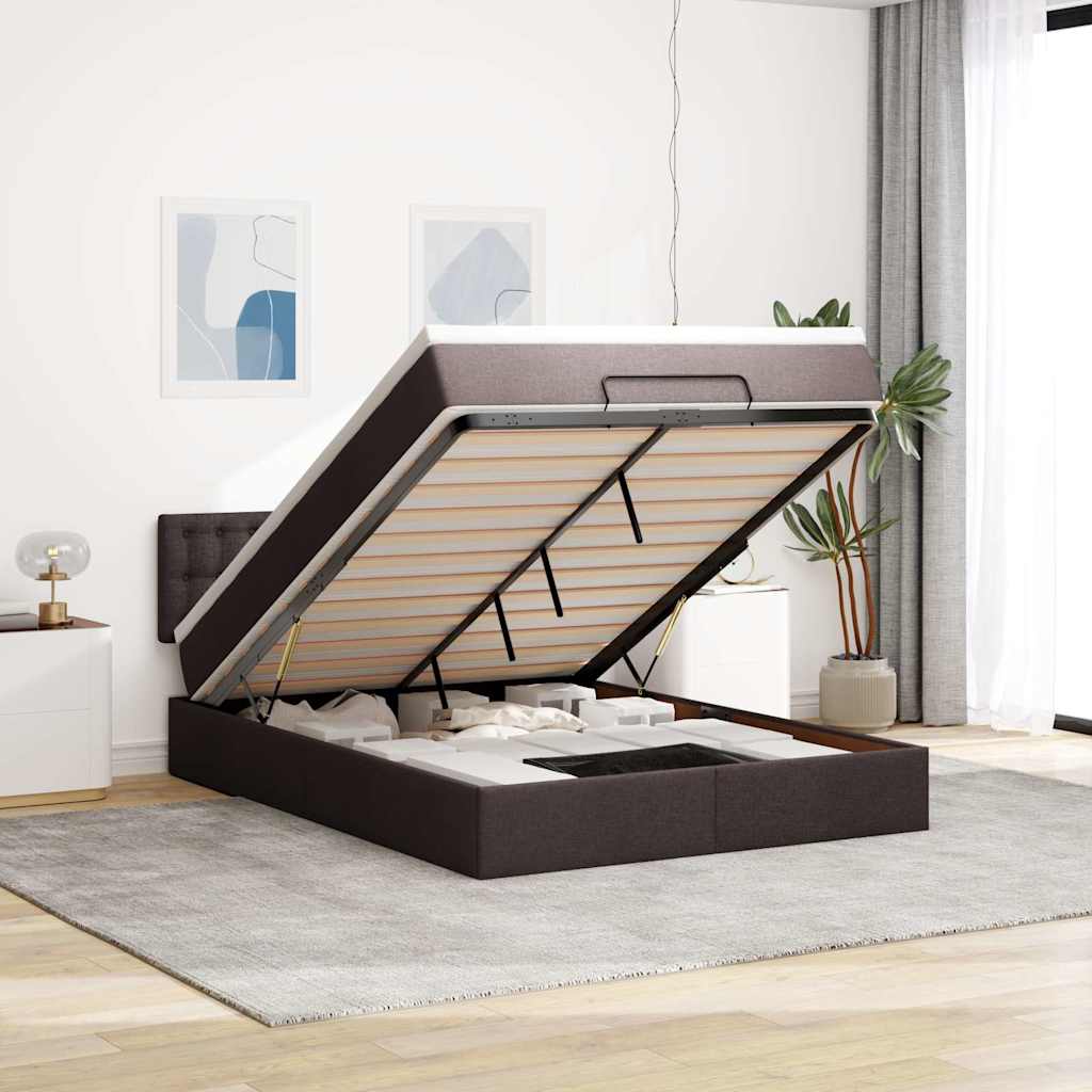 Pouf Letto con Materasso e LED Marrone Scuro 140x190 cm