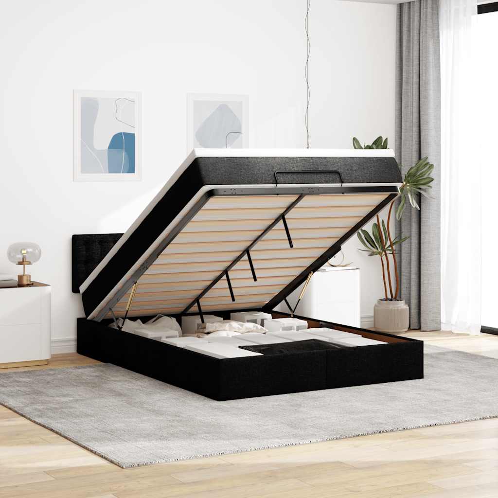 Pouf Letto con Materasso e LED Nero 140x200 cm in Tessuto