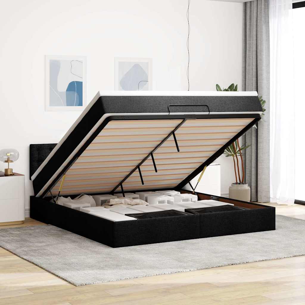 Pouf Letto con Materasso e LED Nero 180x200cm Tessuto