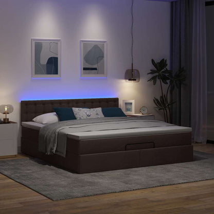 Pouf Letto con Materasso e LED Marrone Scuro 180x200cm Tessuto