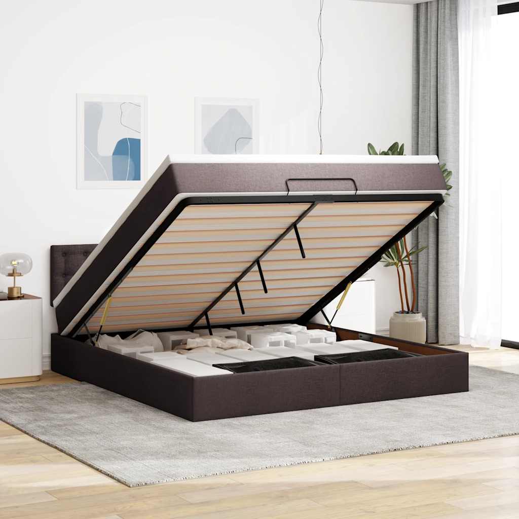 Pouf Letto con Materasso e LED Marrone Scuro 180x200cm Tessuto