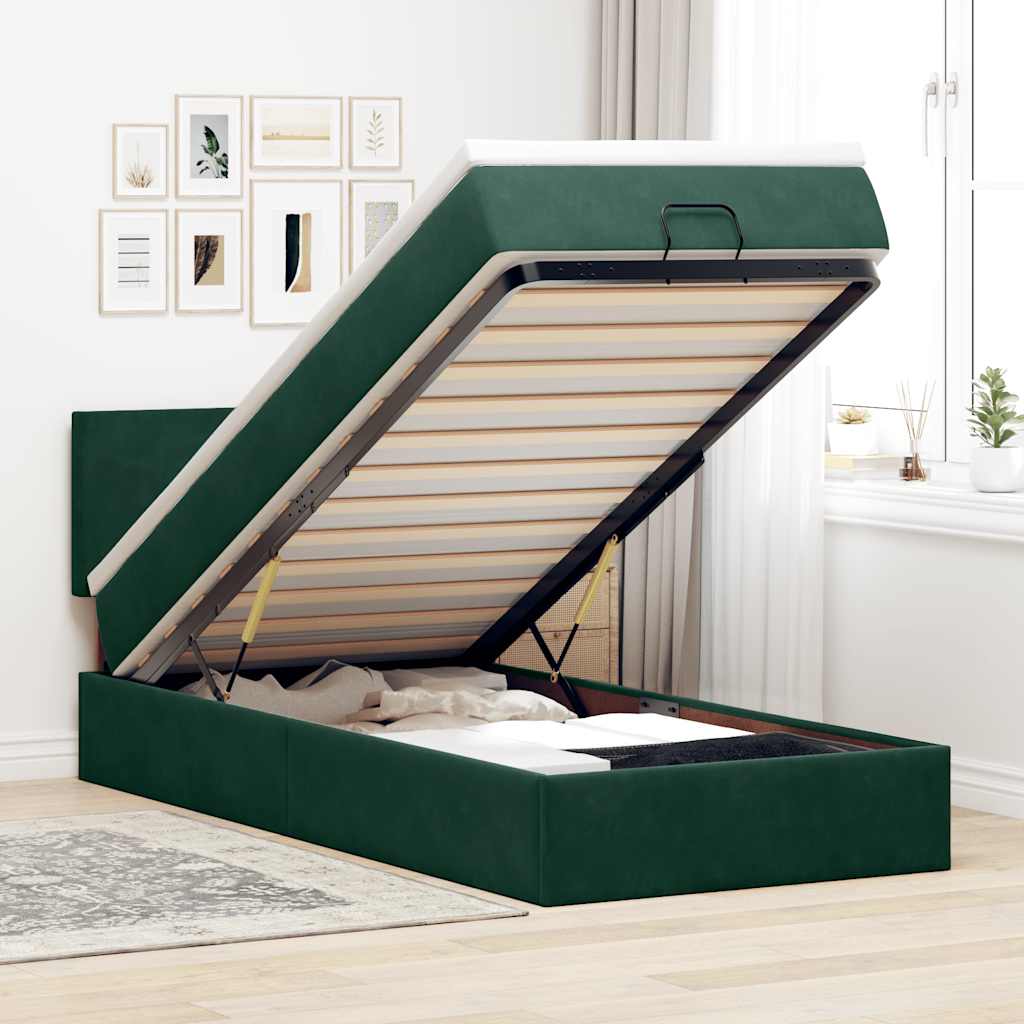 Pouf Letto con Materasso e LED Verde Scuro 80x200cm in Velluto