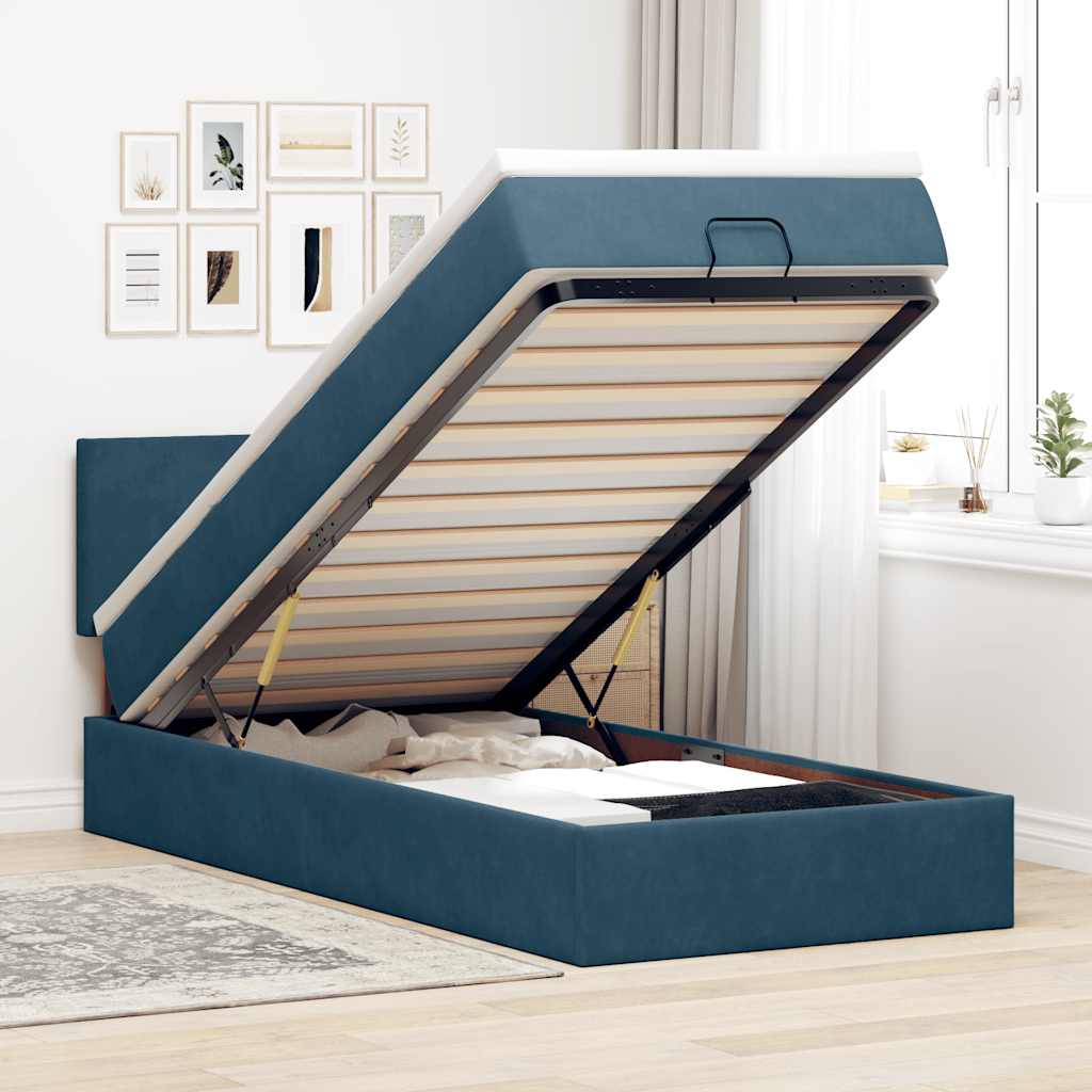 Pouf Letto con Materasso e LED Blu Scuro 80x200cm in Velluto