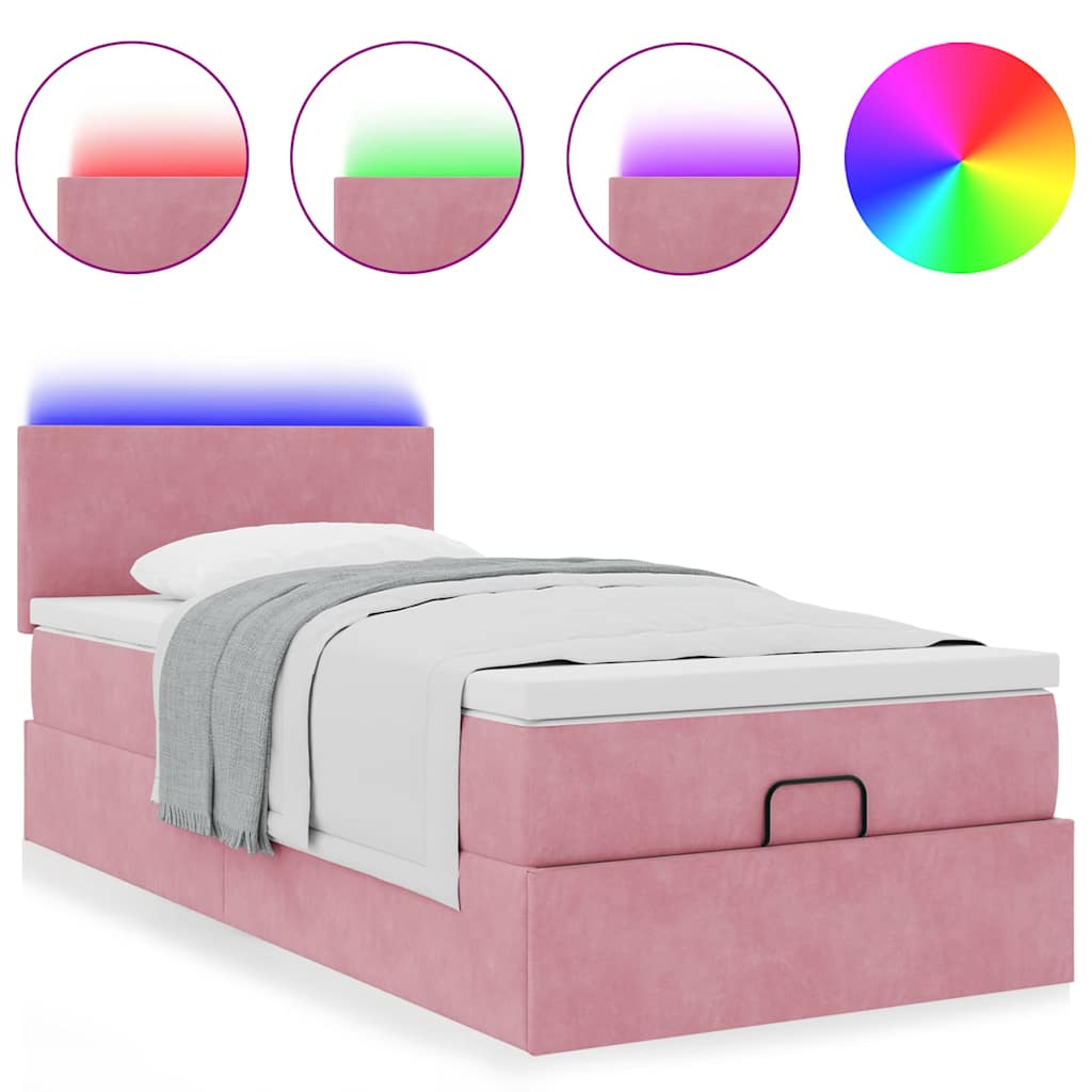 Pouf Letto con Materasso e LED Rosa 80x200cm in Velluto