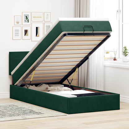 Pouf Letto con Materasso e LED Verde Scuro 90x200cm in Velluto