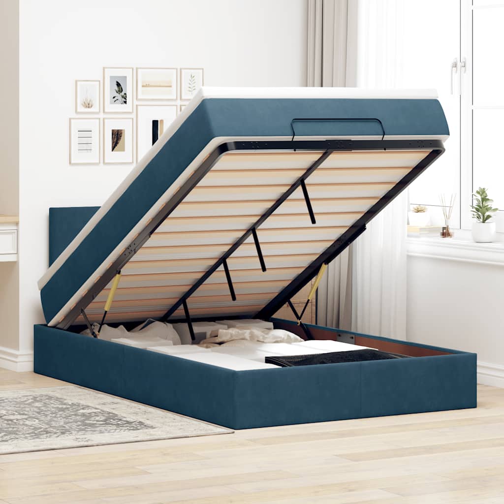Pouf Letto con Materasso e LED Blu Scuro 120x190cm in Velluto