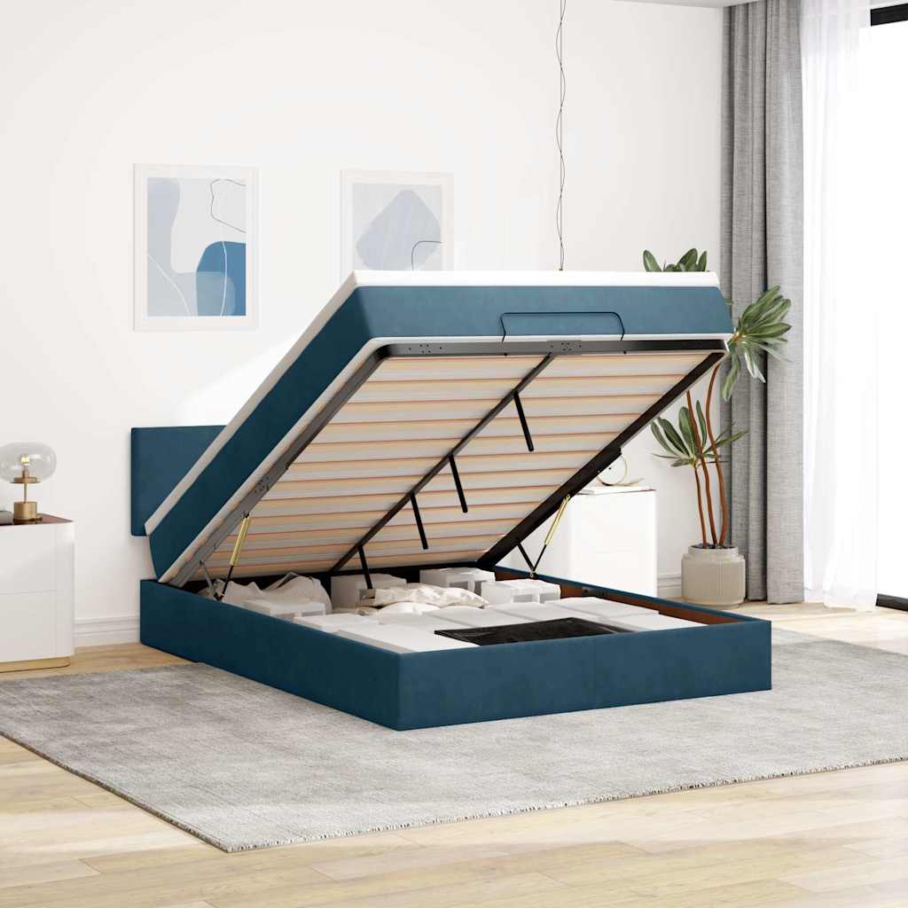 Struttura Letto Pouf con Materasso Blu 140x200cm in Velluto
