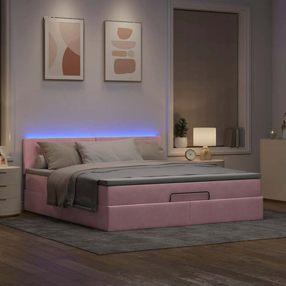 Pouf Letto con Materasso e LED Rosa 180x200cm in Velluto
