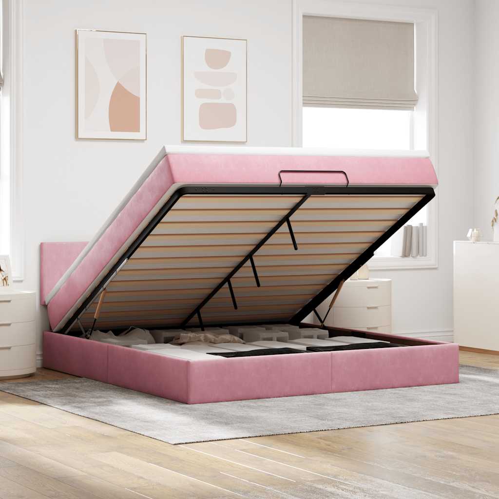 Pouf Letto con Materasso e LED Rosa 180x200cm in Velluto