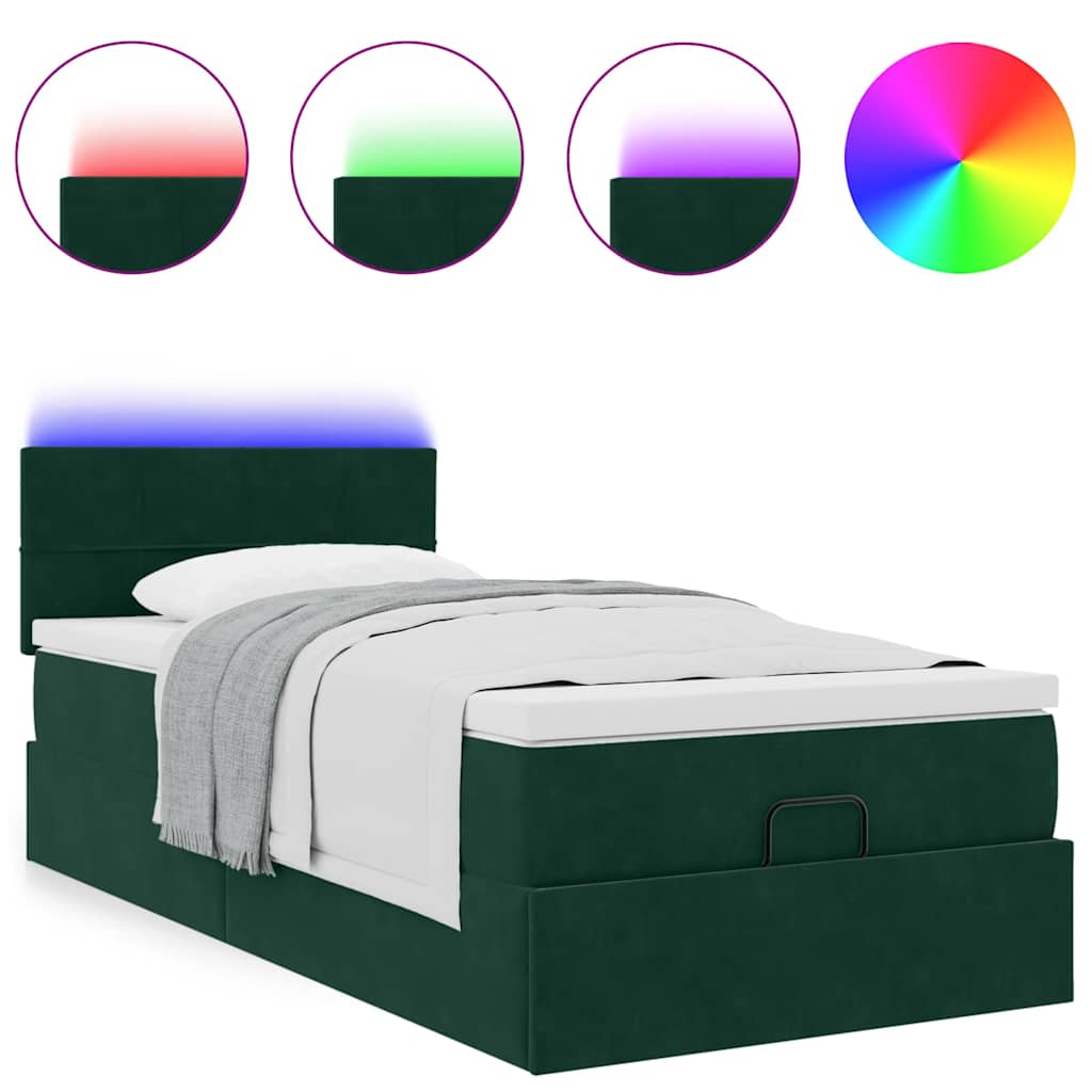 Pouf Letto con Materasso e LED Verde Scuro 80x200cm in Velluto