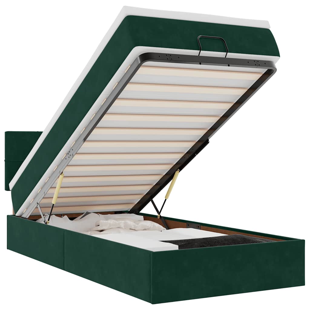 Pouf Letto con Materasso e LED Verde Scuro 90x200cm in Velluto