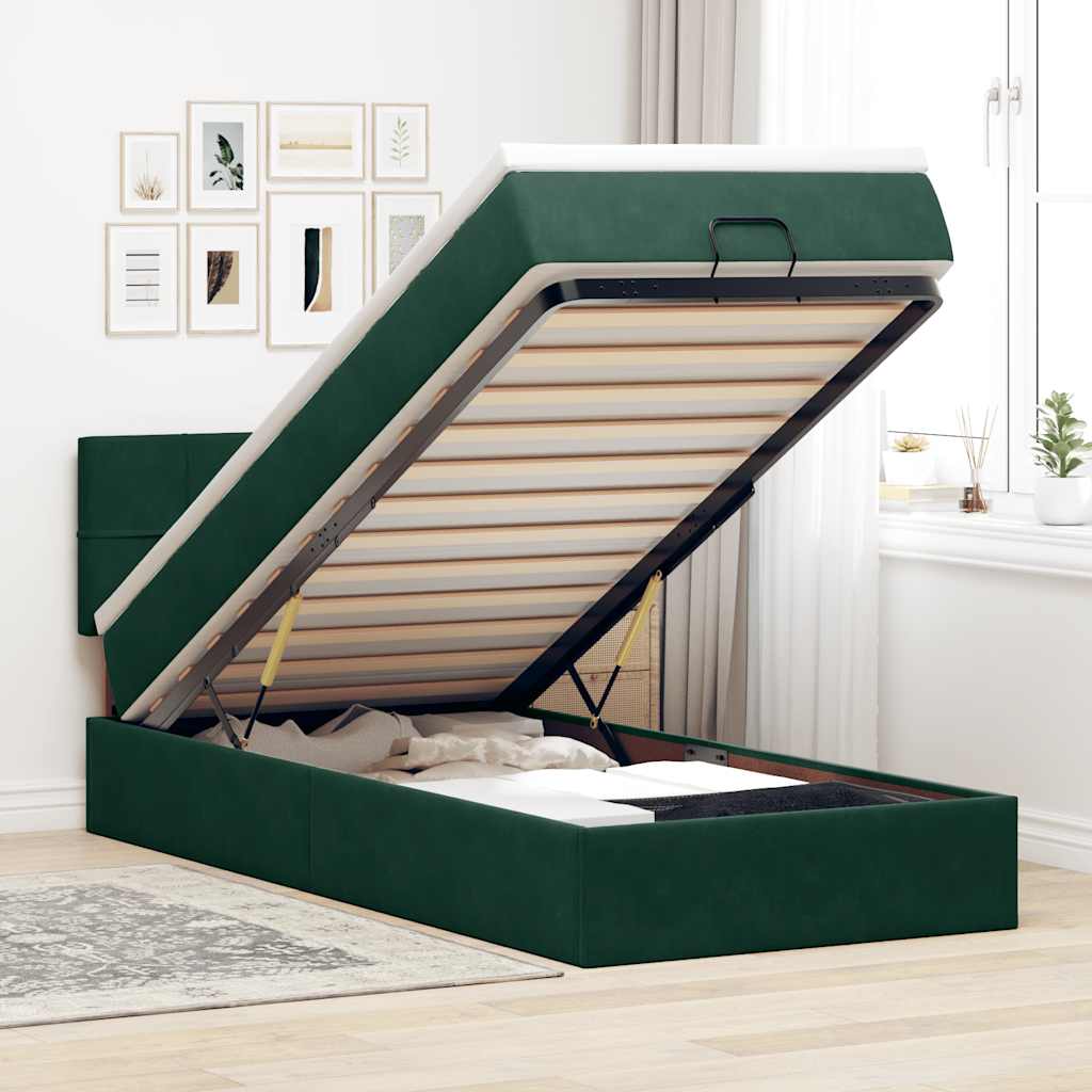 Pouf Letto con Materasso e LED Verde Scuro 90x200cm in Velluto