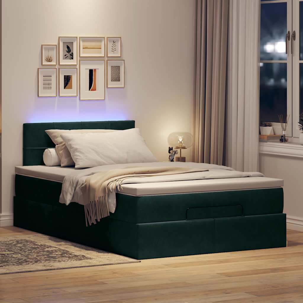 Pouf Letto con Materasso e LED Verde Scuro 120x190cm in Velluto