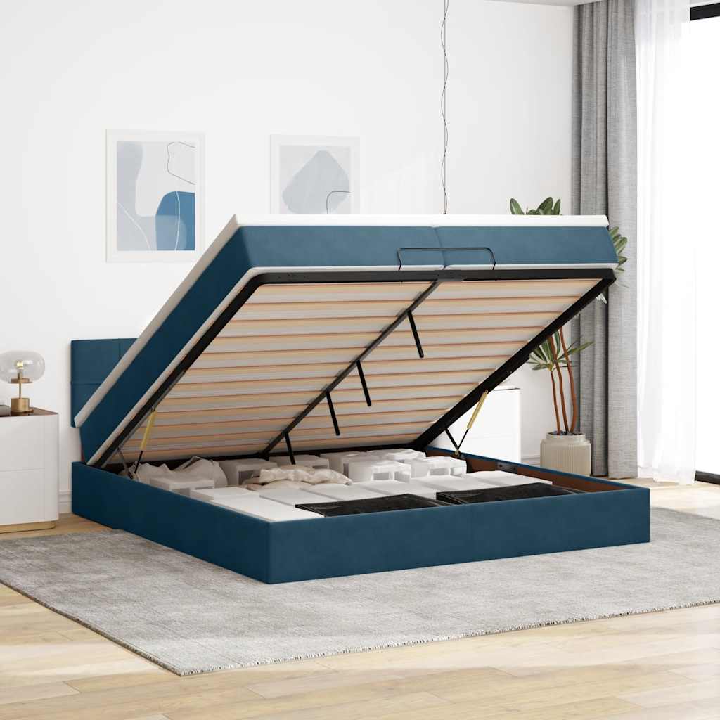 Pouf Letto con Materassi e LED Blu Scuro 200x200cm Velluto