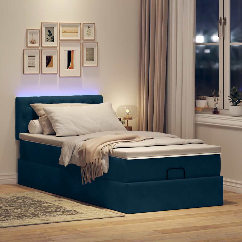 Pouf Letto con Materasso e LED Blu Scuro 80x200cm in Velluto
