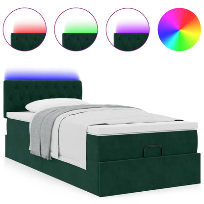 Pouf Letto con Materasso e LED Verde Scuro 90x200cm in Velluto