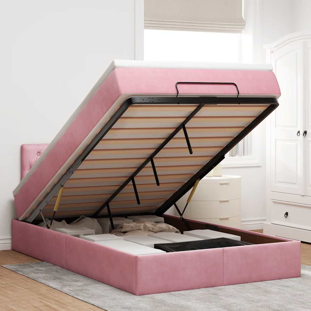 Pouf Letto con Materasso e LED Rosa 120x190cm in Velluto