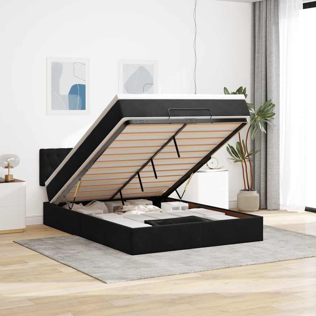 Struttura Letto Pouf con Materasso Nero 140x200 cm in Velluto