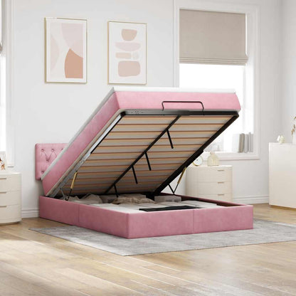 Struttura Letto Pouf con Materasso Rosa 140x200 cm in Velluto