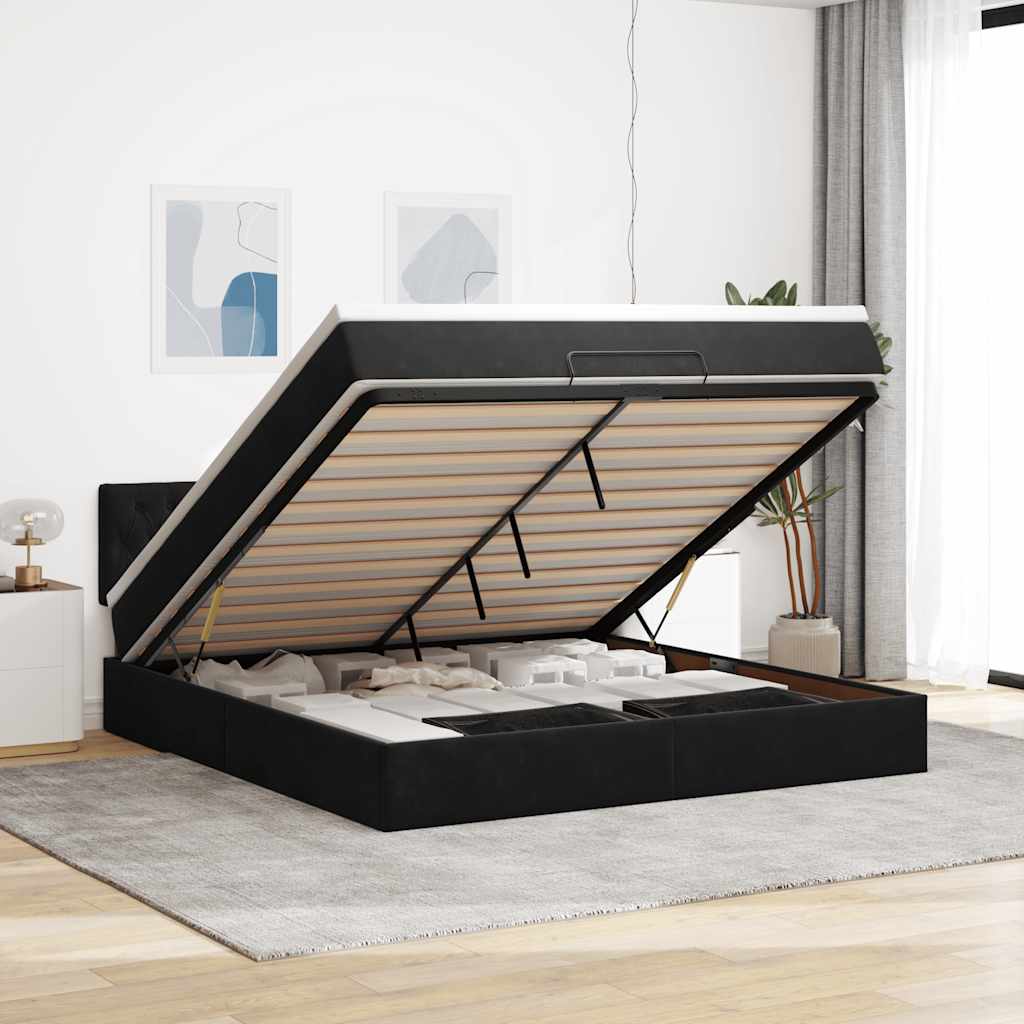 Struttura Letto Pouf con Materasso Nero 160x200 cm in Velluto