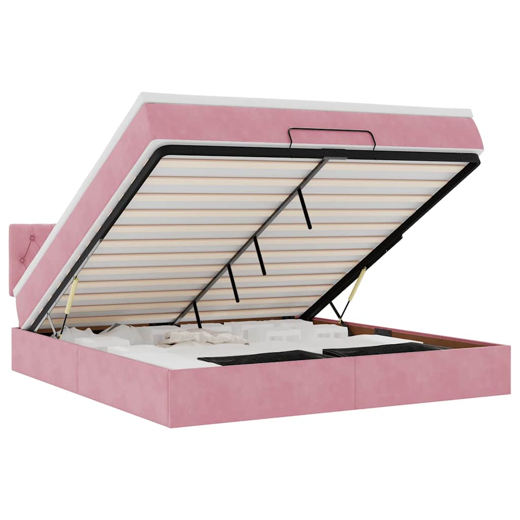 Pouf Letto con Materasso e LED Rosa 180x200cm in Velluto