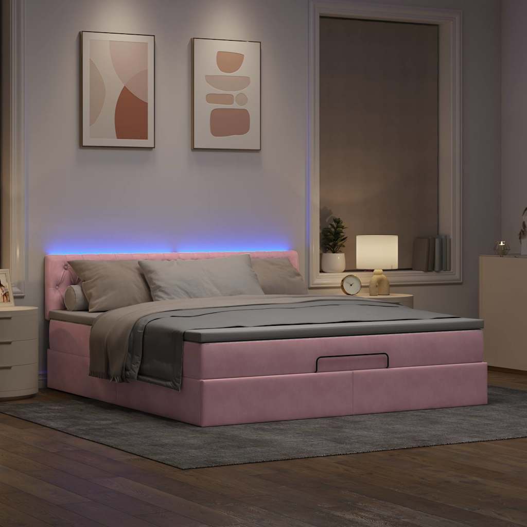 Pouf Letto con Materasso e LED Rosa 180x200cm in Velluto