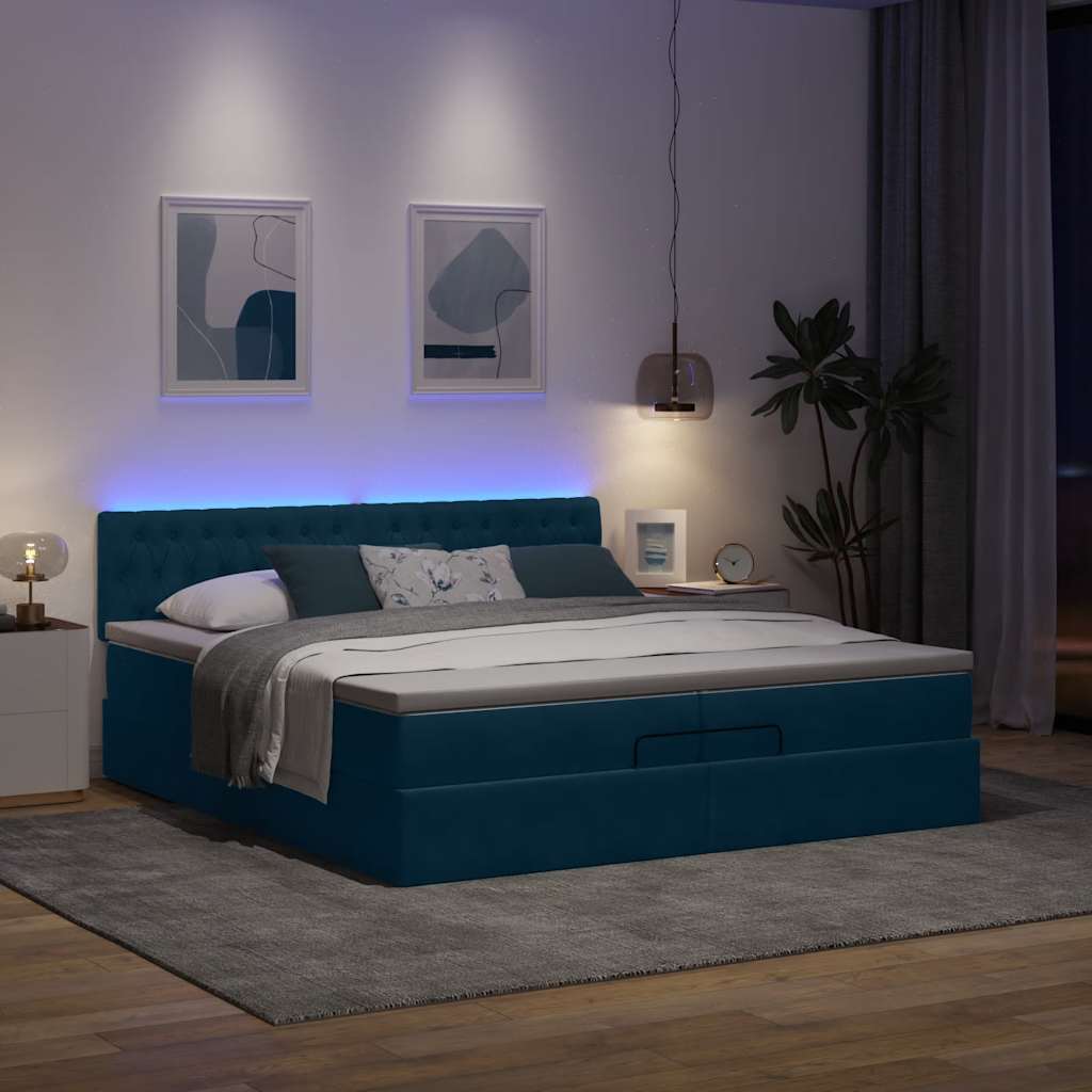 Pouf Letto con Materassi e LED Blu Scuro 200x200cm Velluto