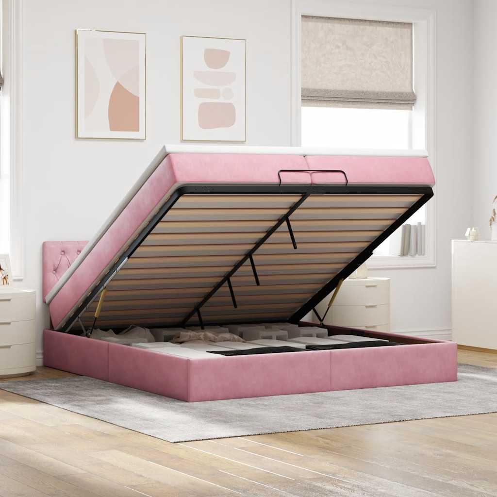 Struttura Letto Pouf con Materassi Rosa 200x200 cm Velluto