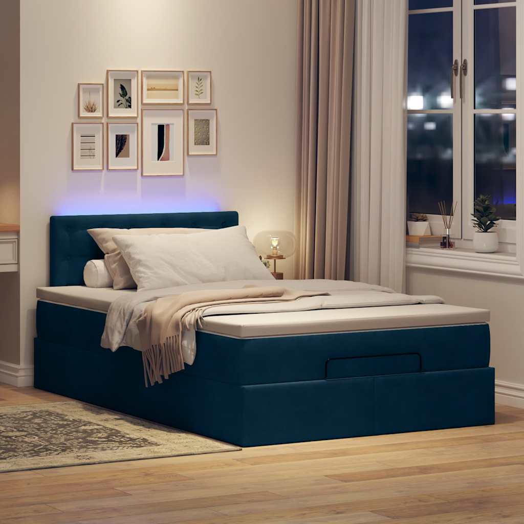 Pouf Letto con Materasso e LED Blu Scuro 120x190cm in Velluto