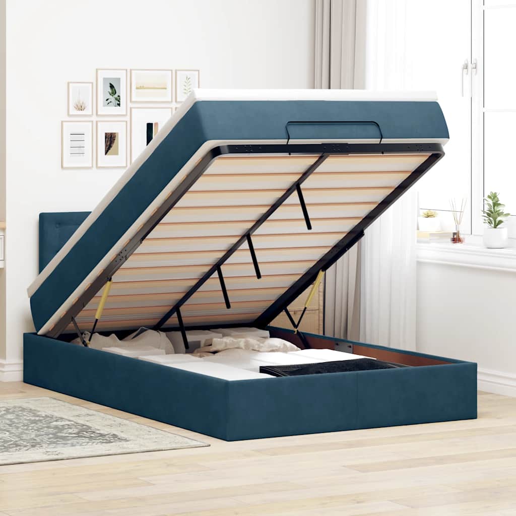 Pouf Letto con Materasso e LED Blu Scuro 120x190cm in Velluto