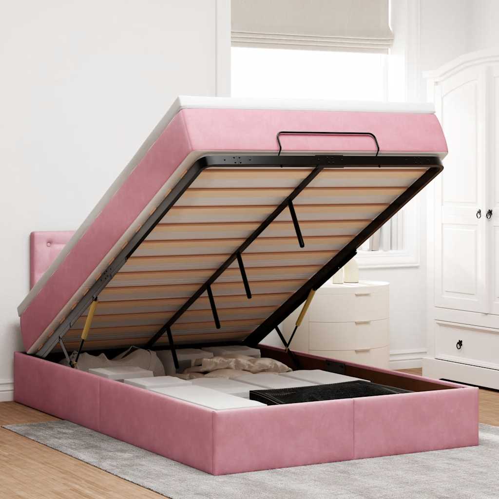 Pouf Letto con Materasso e LED Rosa 120x190cm in Velluto
