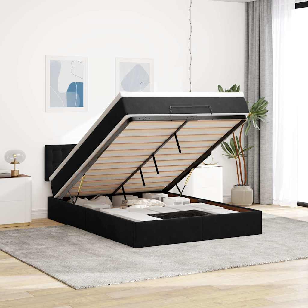 Struttura Letto Pouf con Materasso Nero 140x200 cm in Velluto