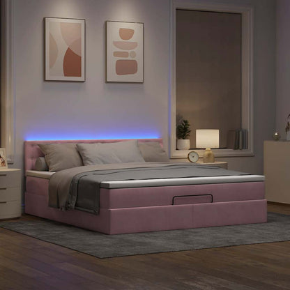 Pouf Letto con Materasso e LED Rosa 180x200cm in Velluto