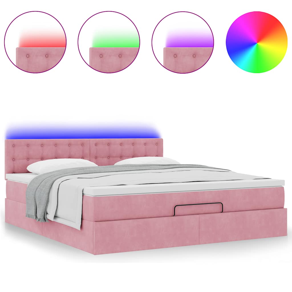 Pouf Letto con Materasso e LED Rosa 180x200cm in Velluto