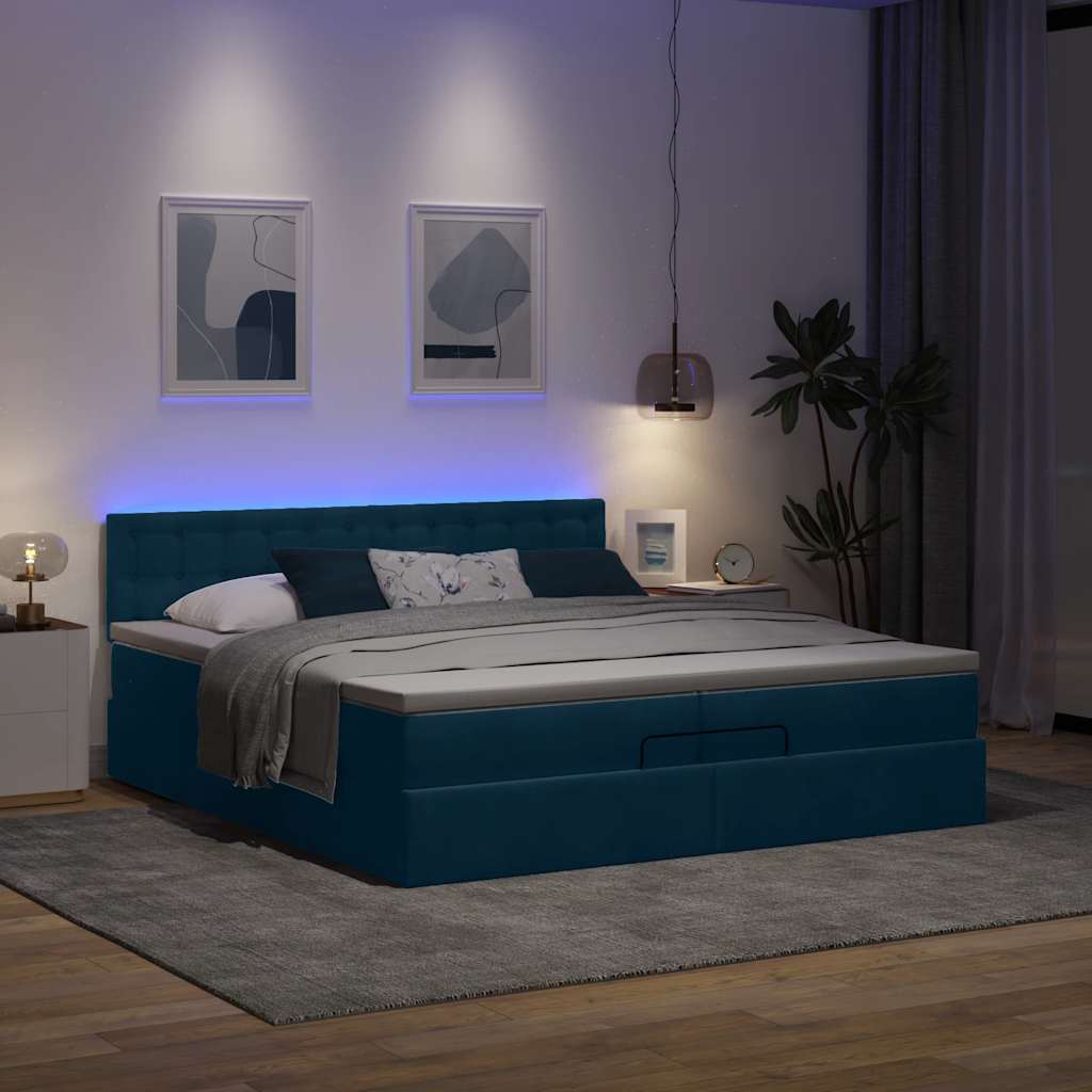 Pouf Letto con Materassi e LED Blu Scuro 200x200cm Velluto