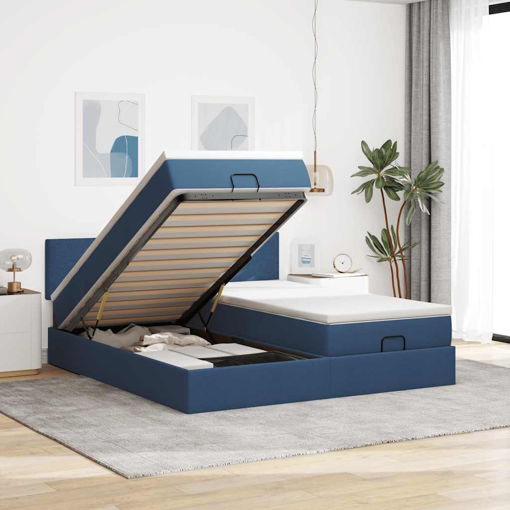 Struttura Letto Pouf con Materassi Blu 200x200 cm in Tessuto