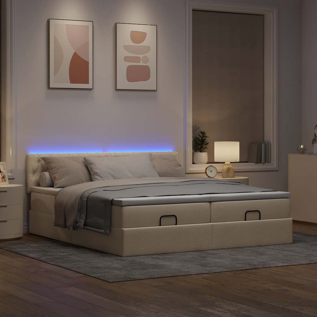 Struttura Letto Pouf con Materassi Crema 200x200 cm in Tessuto