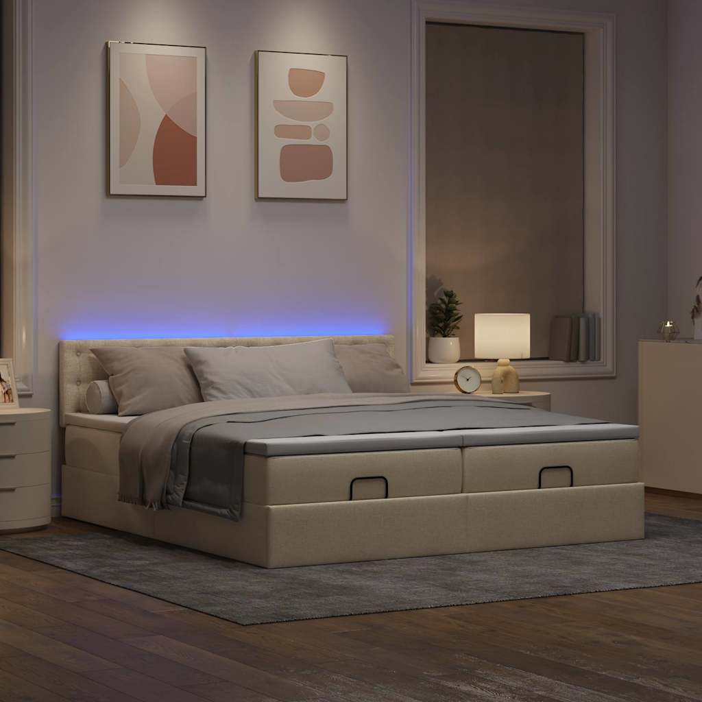 Struttura Letto Pouf con Materassi Crema 200x200 cm in Tessuto