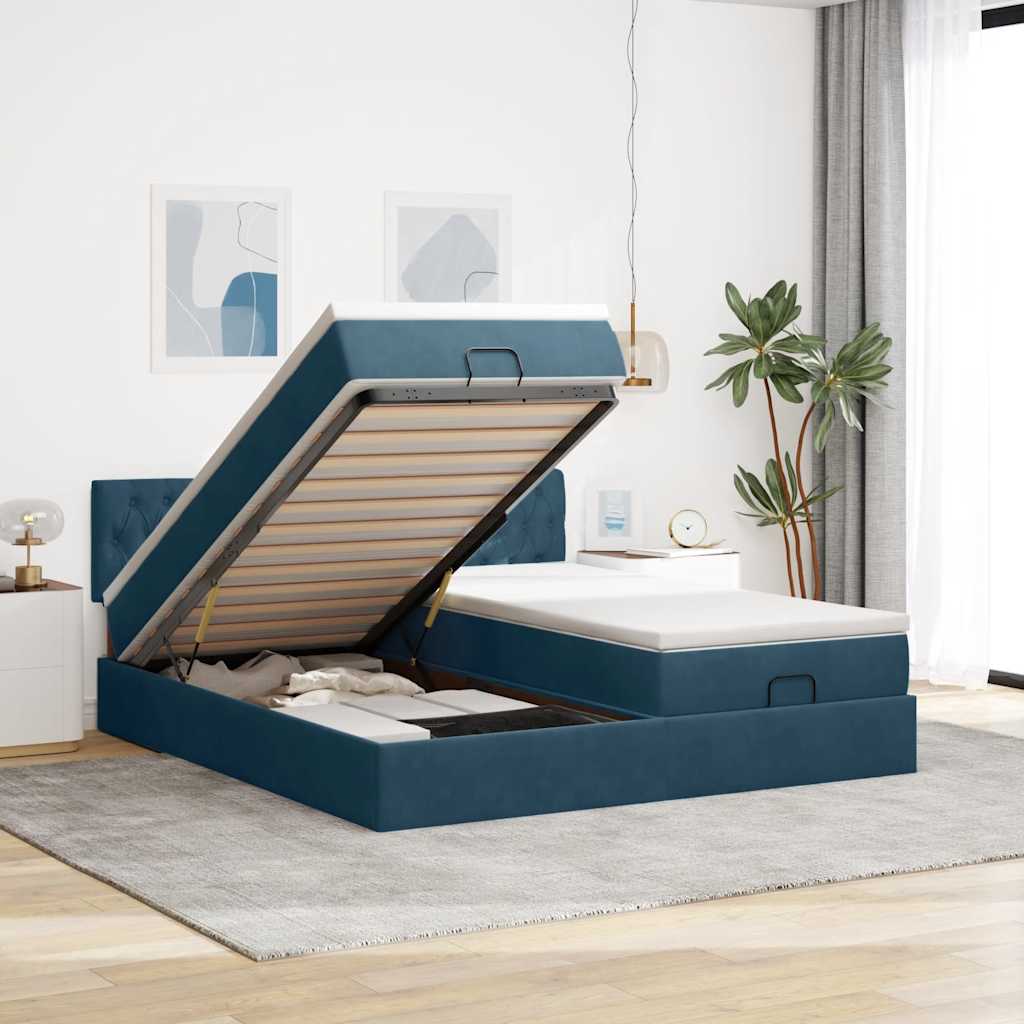 Pouf Letto con Materassi e LED Blu Scuro 200x200cm Velluto