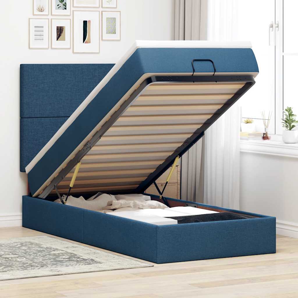 Struttura Letto Pouf con Materasso Blu 90x190 cm in Tessuto
