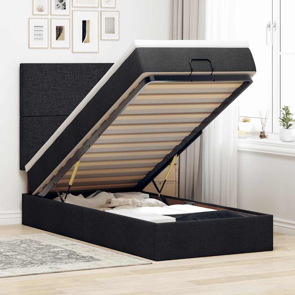 Pouf Letto con Materasso Nero 90x200 cm in Tessuto