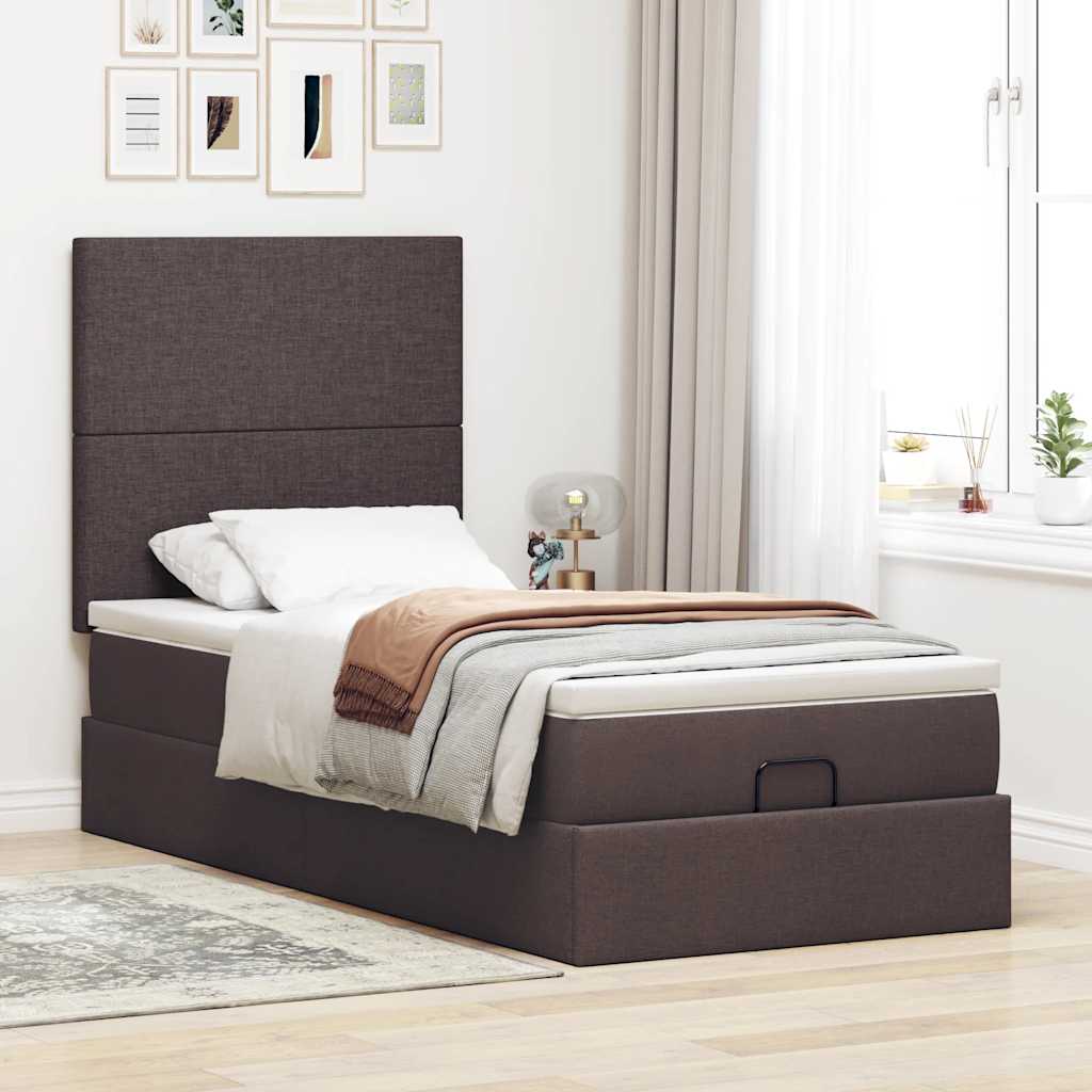 Pouf Letto con Materasso Marrone Scuro 90x200 cm in Tessuto