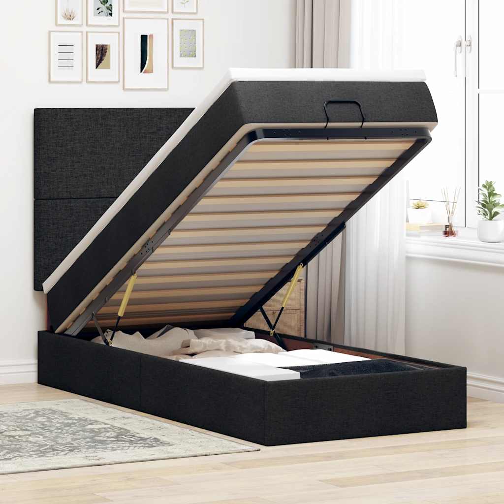 Pouf Letto con Materasso Nero 100x200 cm in Tessuto