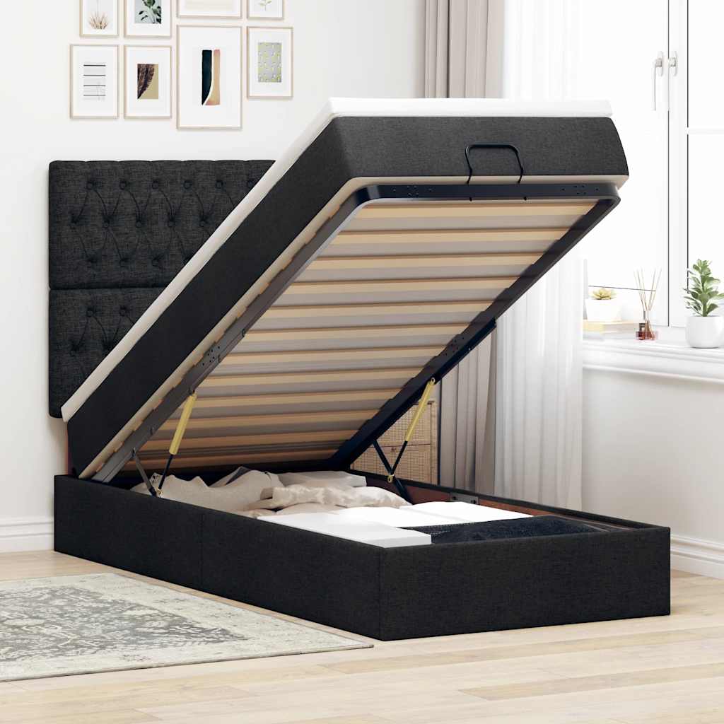 Struttura Letto Pouf con Materasso Nero 80x200 cm in Tessuto