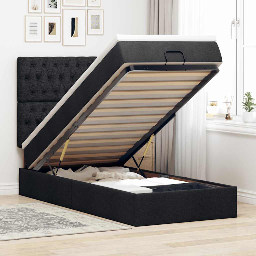 Pouf Letto con Materasso Nero 90x200 cm in Tessuto