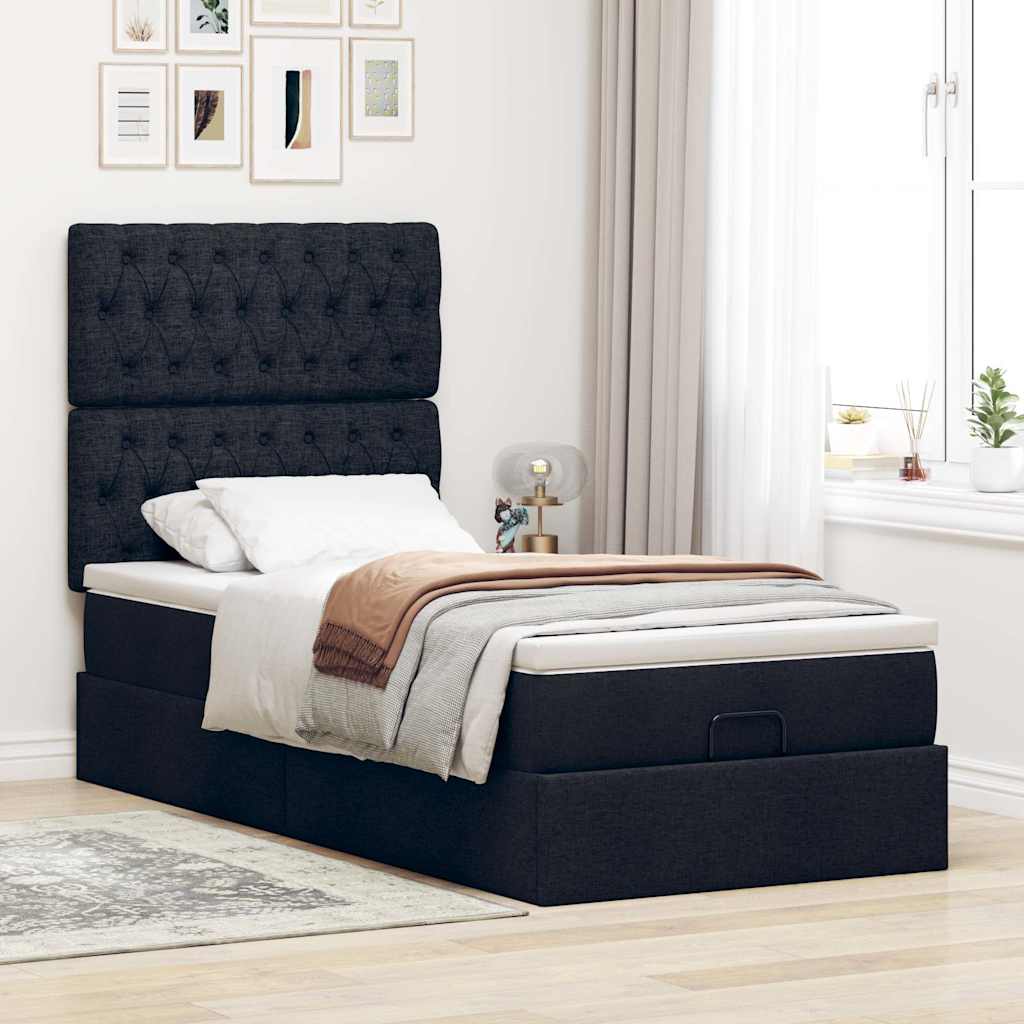 Pouf Letto con Materasso Nero 100x200 cm in Tessuto