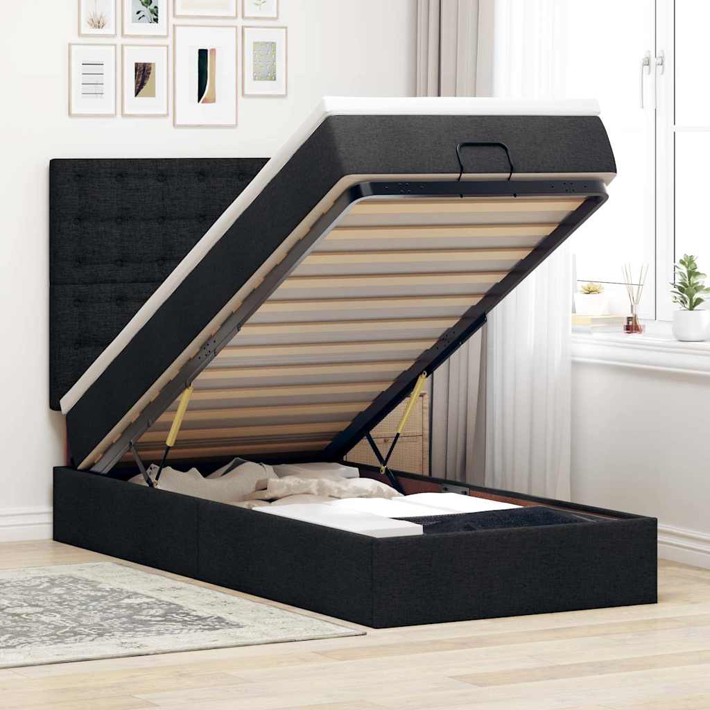 Pouf Letto con Materasso Nero 90x200 cm in Tessuto